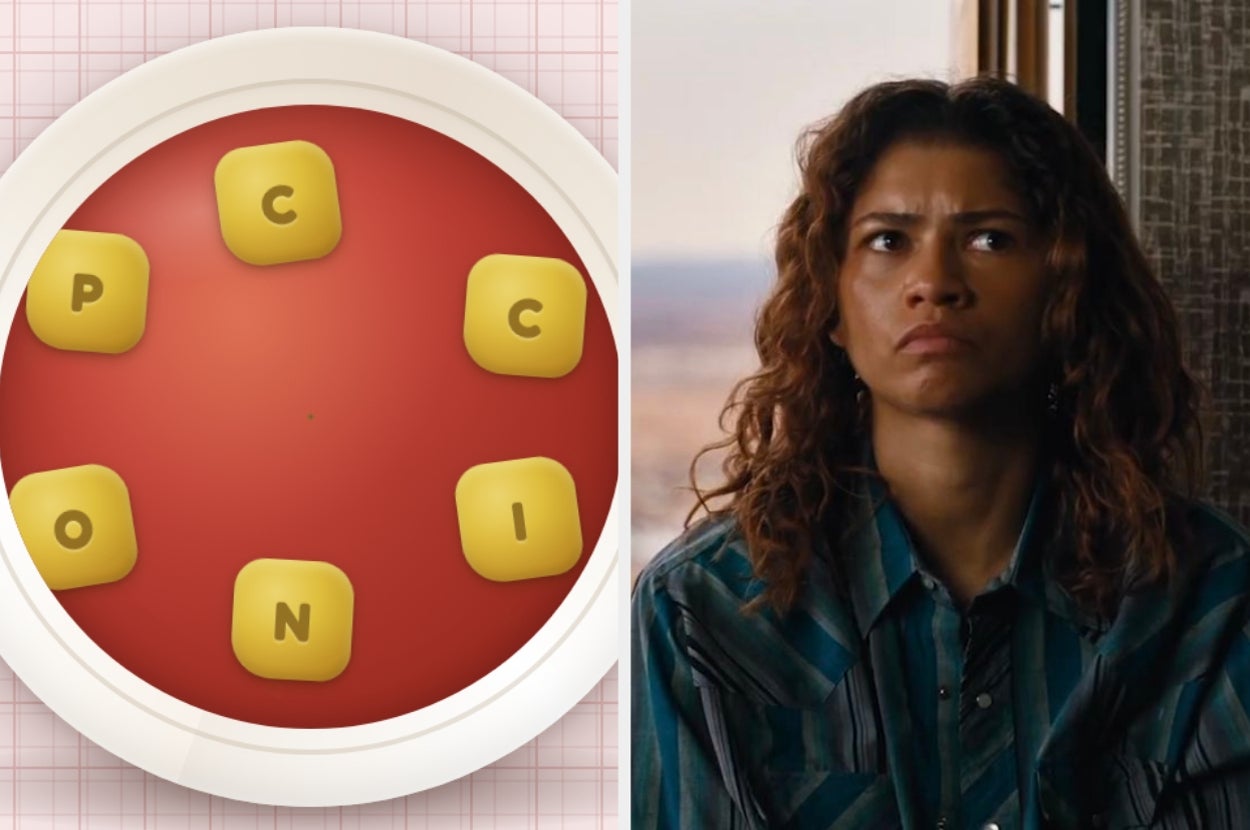 A game screenshot showing letter tiles spelling "PICONI" next to an image of a woman in casual attire looking contemplative