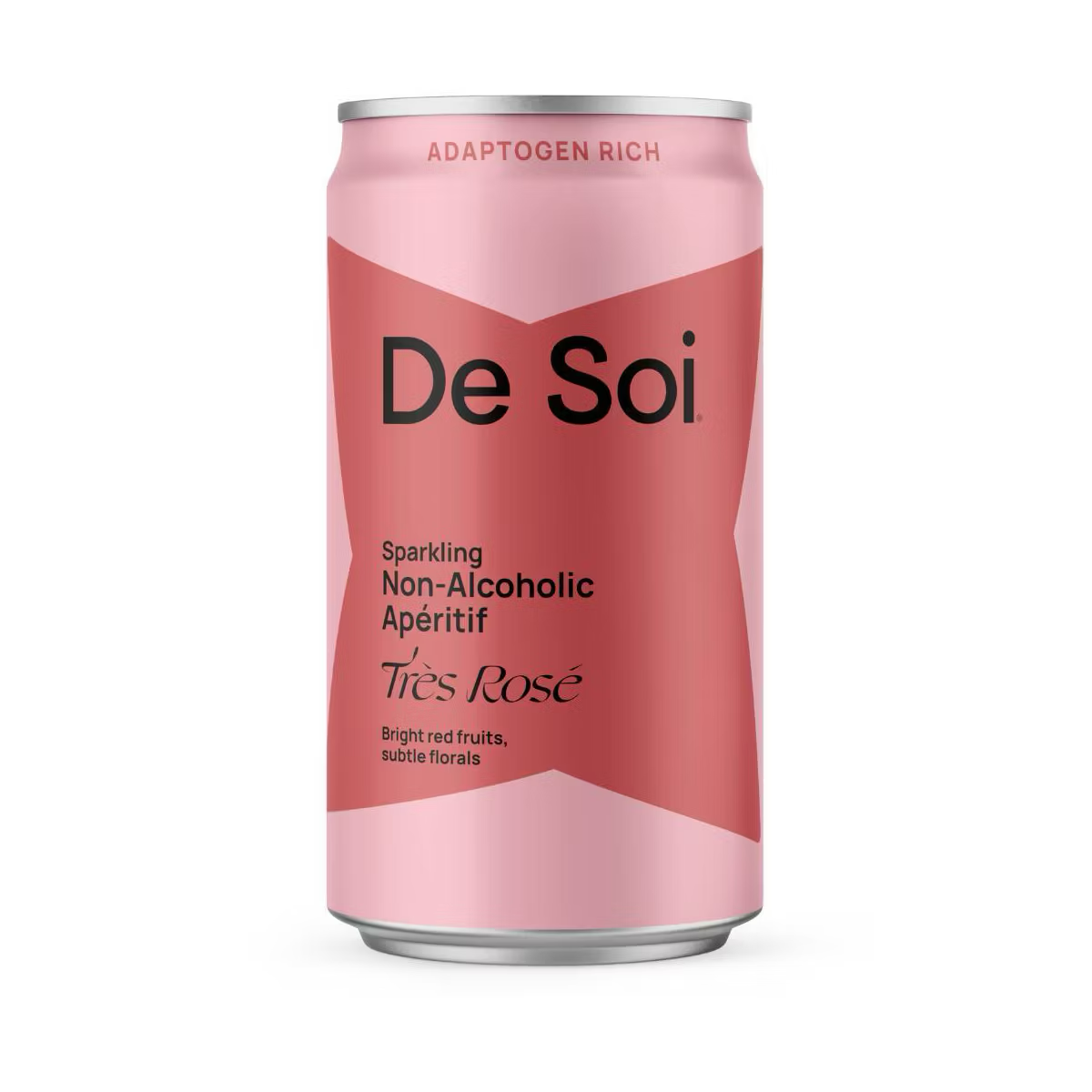 Can of De Soi Très Rosé, a sparkling non-alcoholic apéritif, featuring text highlights of bright red fruits and subtle florals