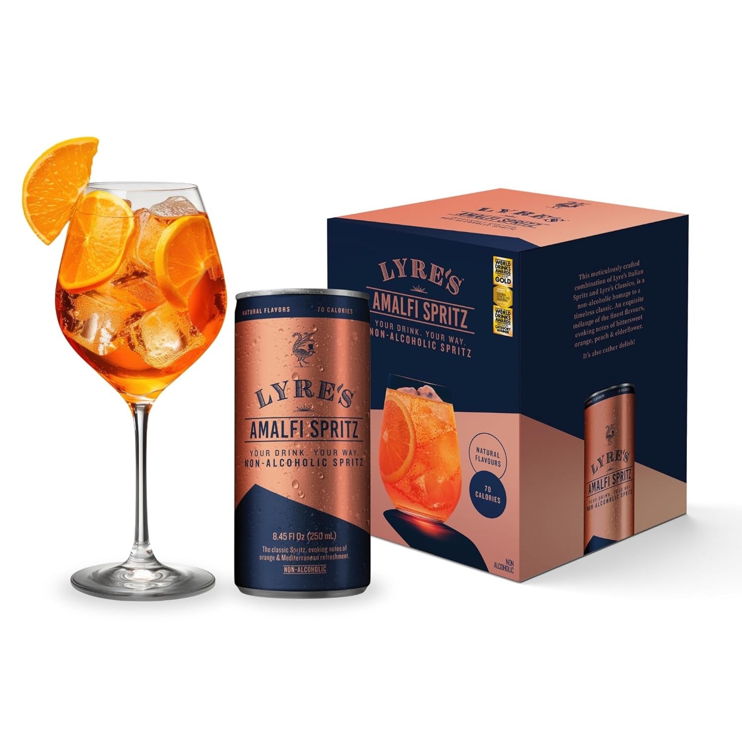 Lyre's Amalfi Spritz non-alcoholic drink shown with a tall glass of the orange-infused beverage beside its packaging