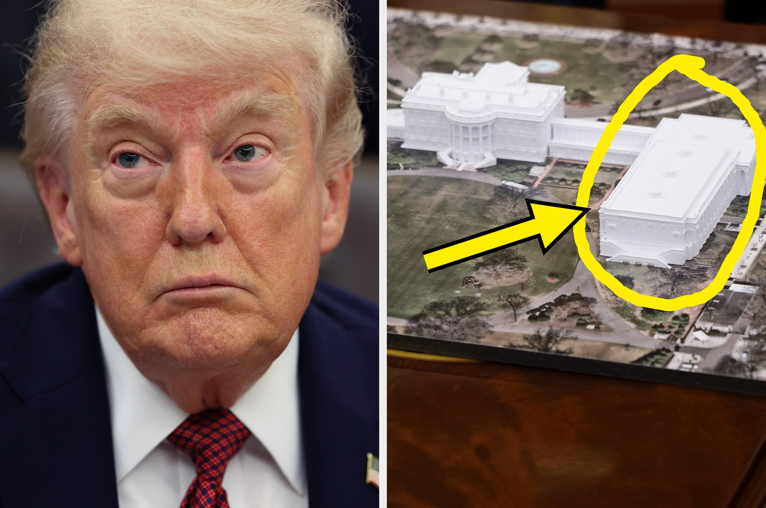 Person beside a model of a large building with text: "completely dwarfs the iconic presidential residence."