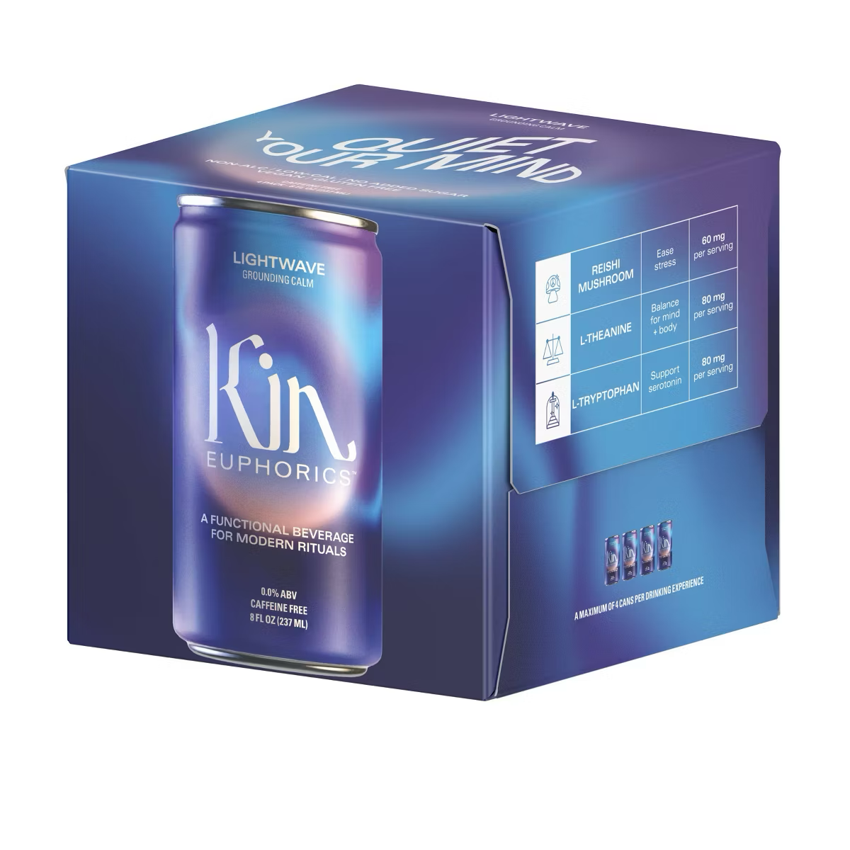 Kin Euphorics Lightwave drink can in a branded box, promoting a functional beverage with adaptogens and nootropics for relaxation