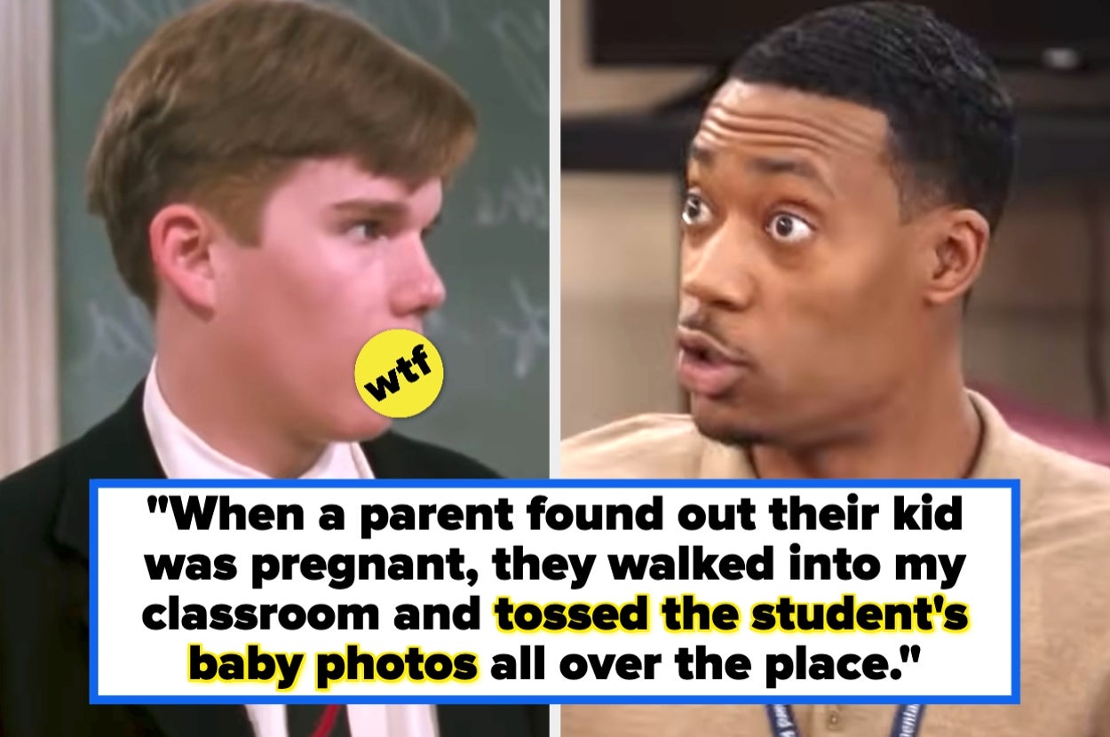 Split image: On the left, a person looks stunned. On the right, another person reacts with wide eyes. Below, text about a parent reacting to a pregnancy