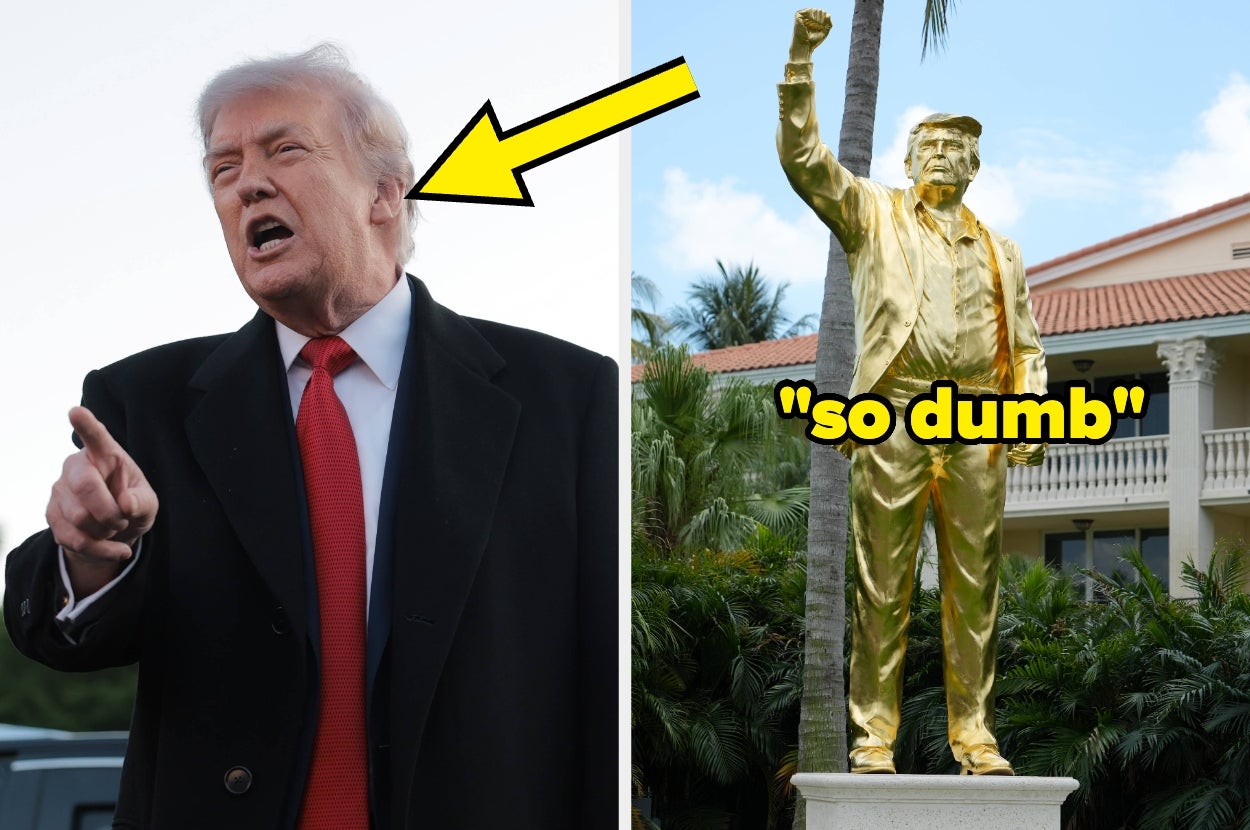 An individual gestures while speaking; a gold statue resembling the person stands nearby with "so dumb" captioned