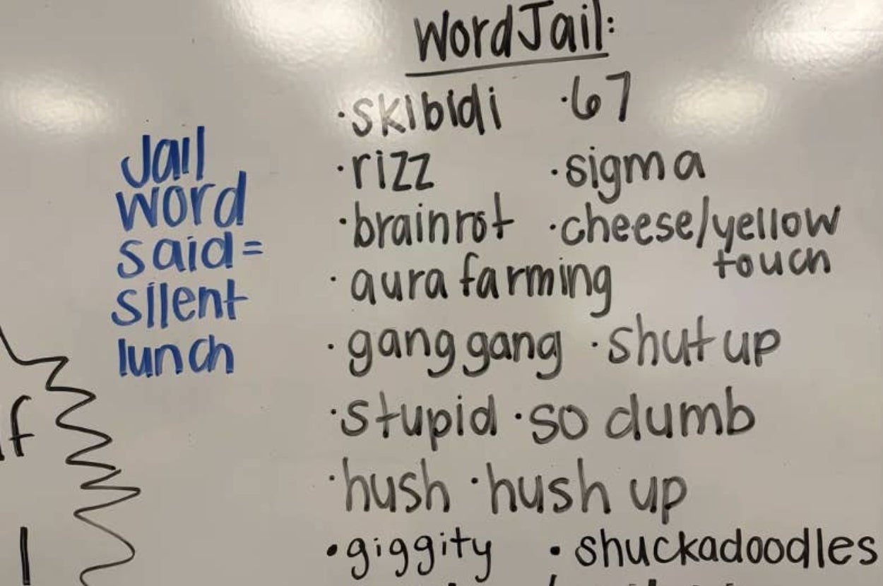 Whiteboard titled "Word Jail" lists words like "sigma," "skibidi," and "cheese touch" as banned