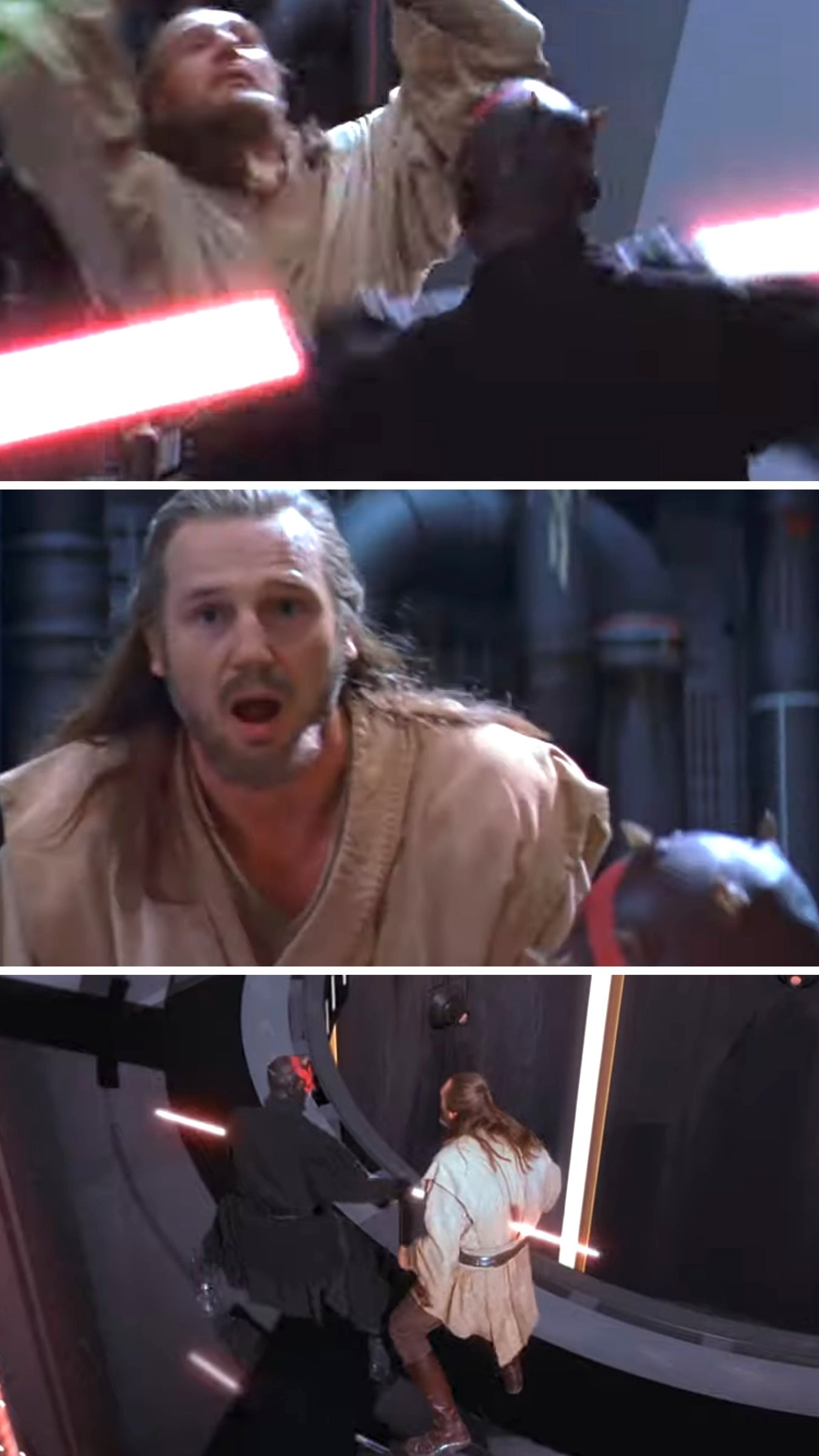 Three scenes from an aggravated  sci-fi duel with combatants wielding glowing swords successful  a futuristic setting