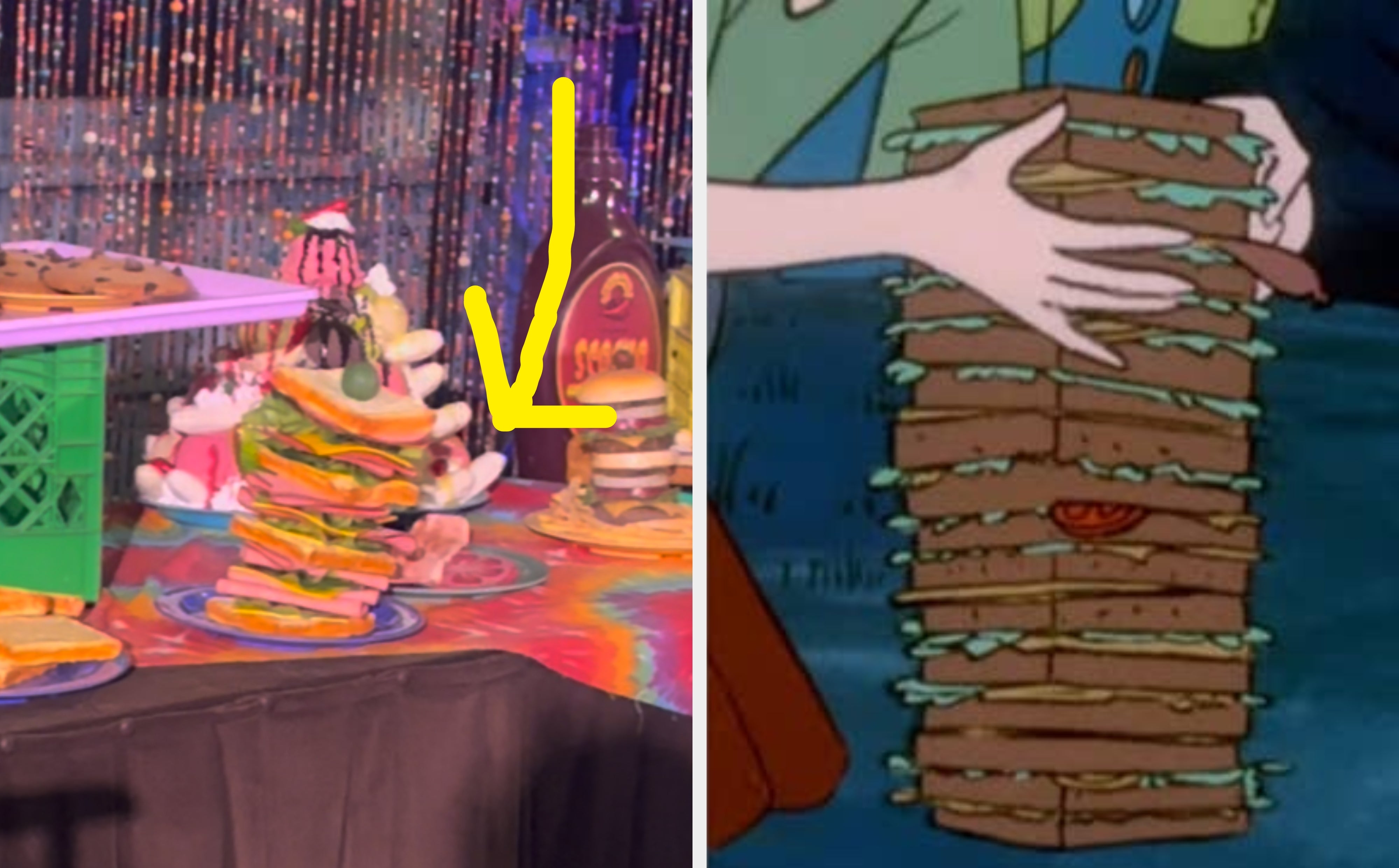 Display of a towering sandwich alongside various snacks