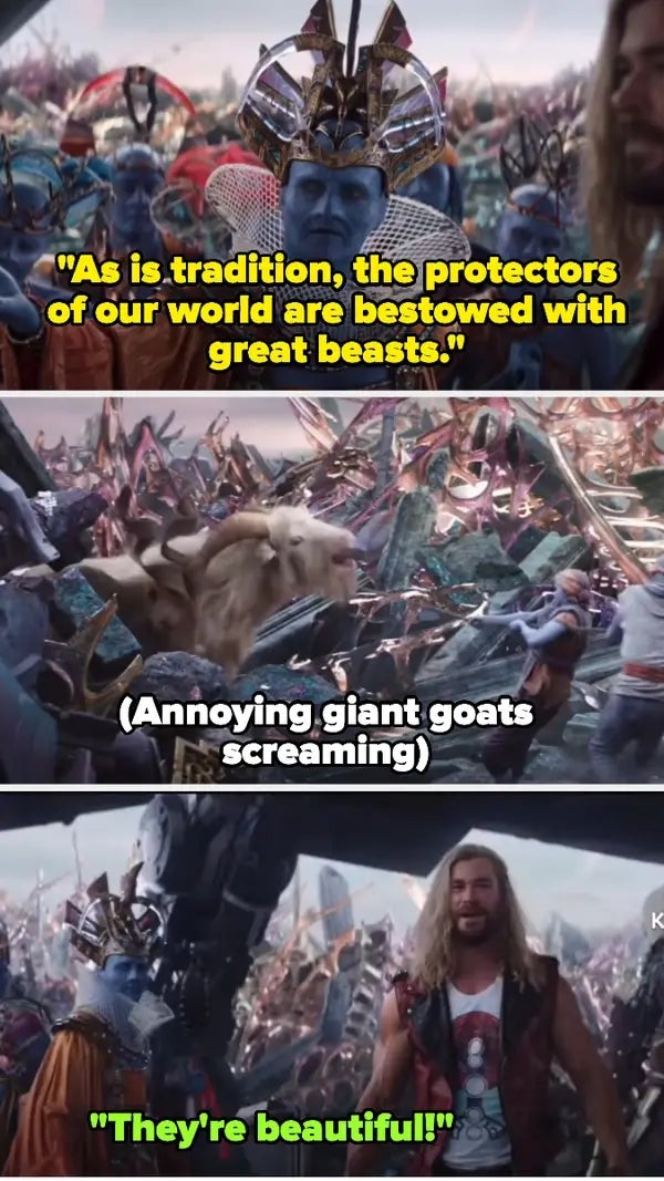  Alien person  speaks of satellite   protectors getting beasts; goats shriek  loudly; antheral   admires the goats, smiling successful  awe