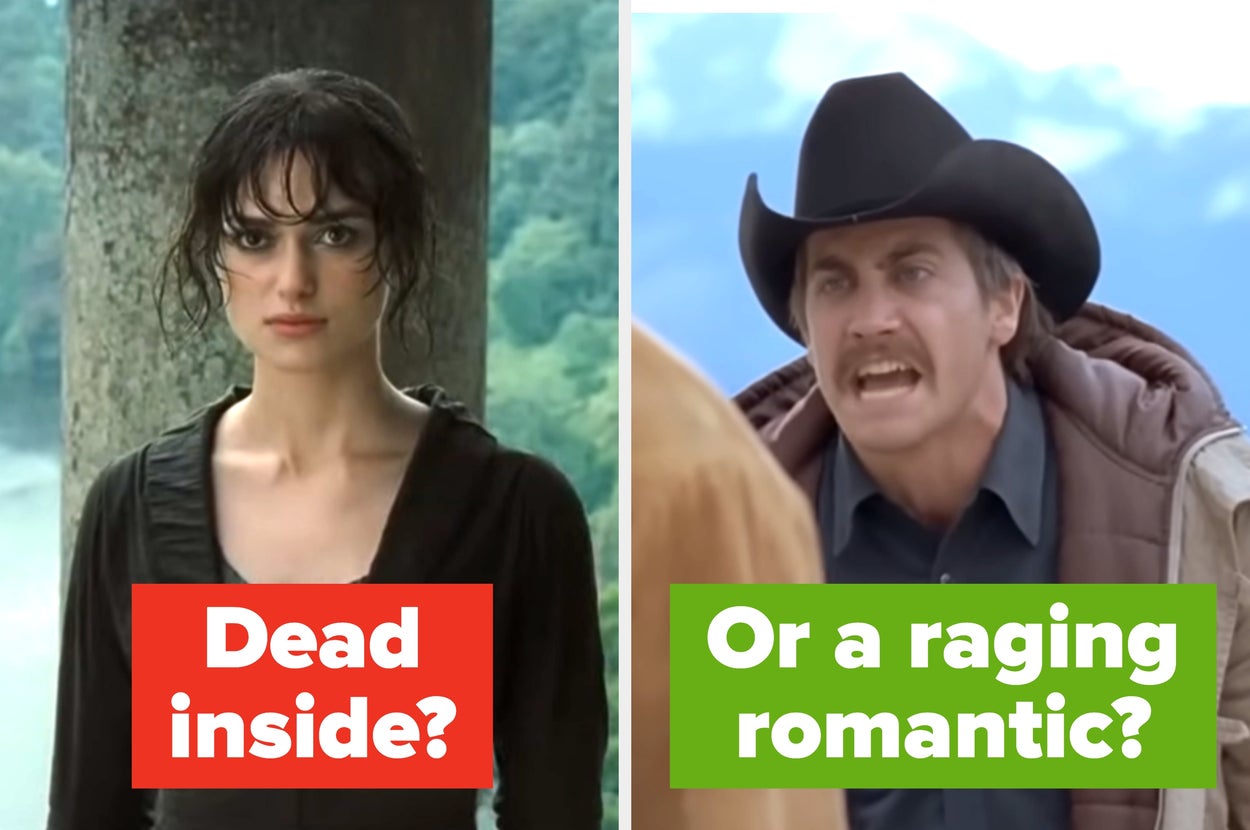 Two images with text: Left shows a woman with "Dead inside?" Right shows a man in a cowboy hat with "Or a raging romantic?"