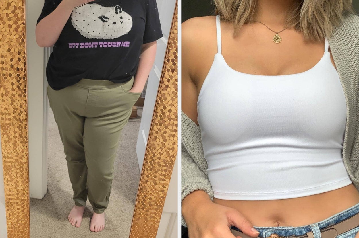 Left: Person in green pants and printed tee takes mirror selfie. Right: Person wears white tank top and cardigan, posing indoors