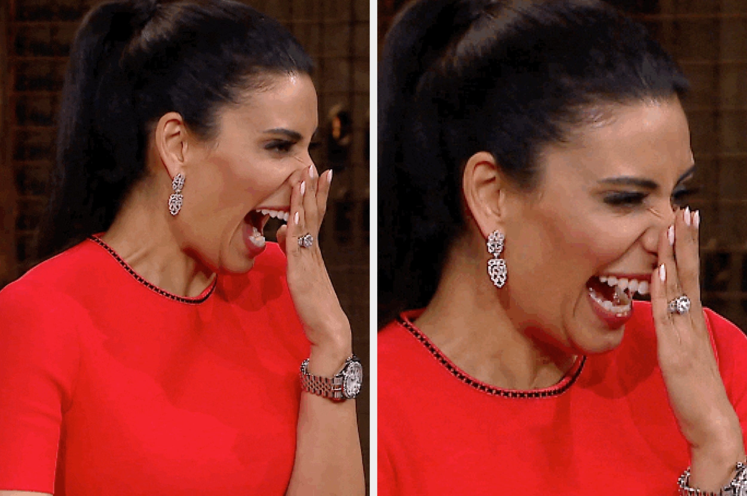 A person in elegant attire is laughing joyfully with hand near face. Earrings and a watch are visible, suggesting a lively, candid moment