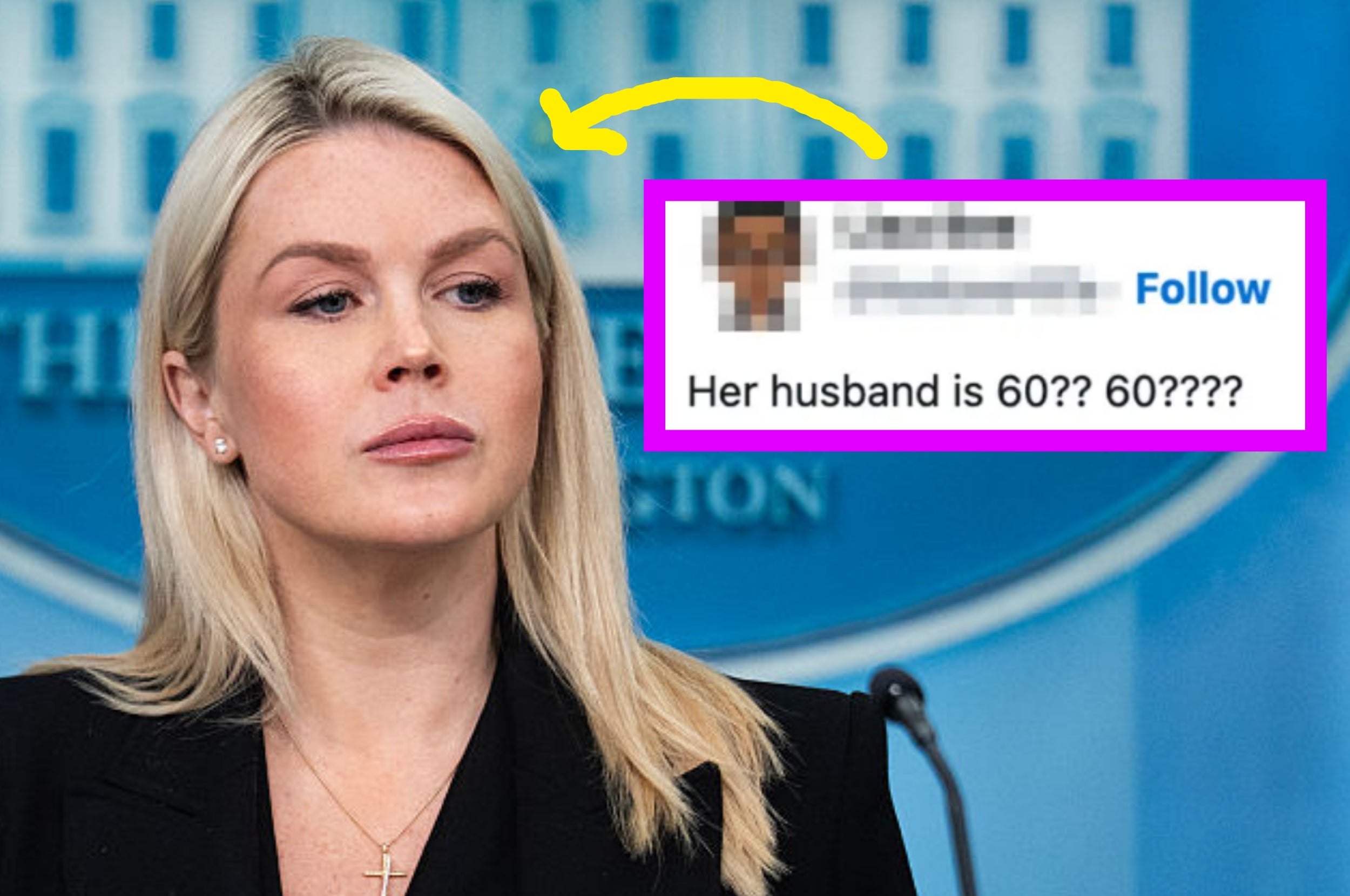 A person at a press briefing with a screenshot of a social media comment about a husband’s age