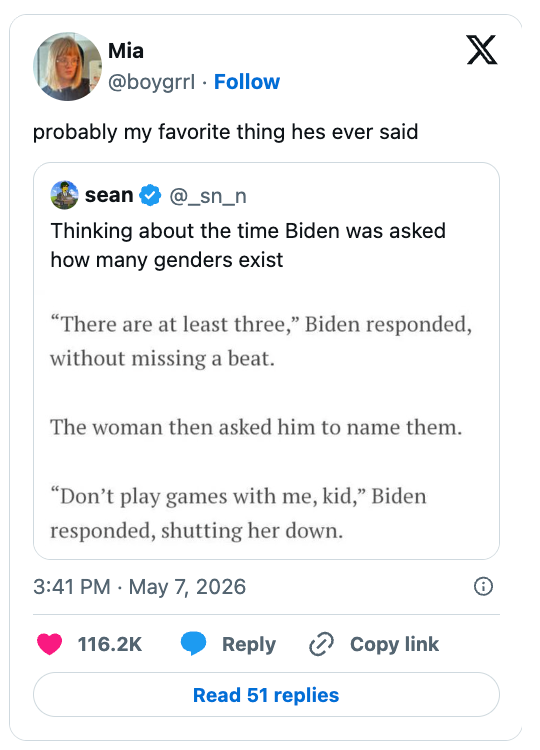 Social media station  sharing a humorous speech   involving Biden asked to sanction  genders, humorously declining to play   along