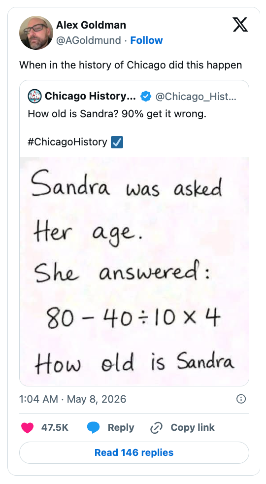 Tweet humorously asks for Sandra's property  with a mathematics  puzzle, hinting astir   get   it wrong