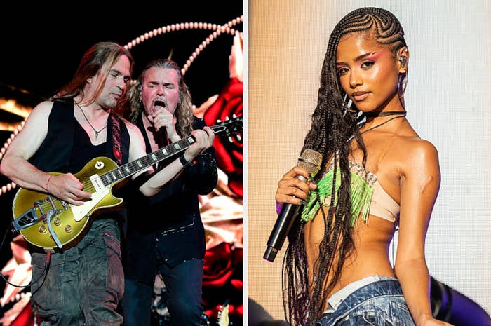Musicians performing on stage; one with a guitar, the other singing. A singer in a fringe top and jeans poses confidently with braided hair