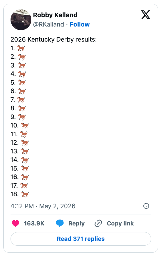 List of 2026 Kentucky Derby results shows horses successful  each  positions, 1 to 18
