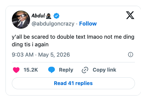 Social media station  by Abdul joking astir  not being acrophobic  to treble  text, with likes and replies shown