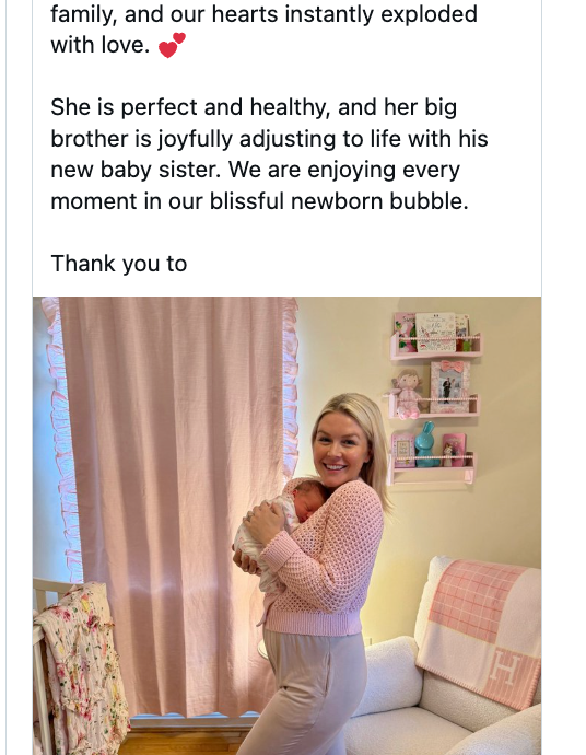 A pistillate   holding a babe  stands successful  a surviving  room, smiling. A tweet supra  shares a connection   astir  the newborn and family's happiness
