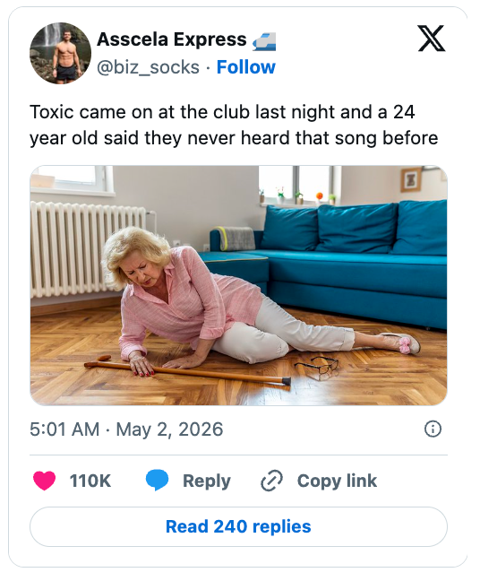 Elderly pistillate   connected  level  reaching for a cane with a humorous tweet astir  a 24-year-old not knowing a opus  playing astatine  a club