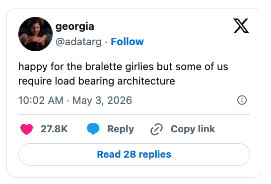 Social media station  by "georgia" expressing wit  astir  needing much  supportive bras compared to bralettes