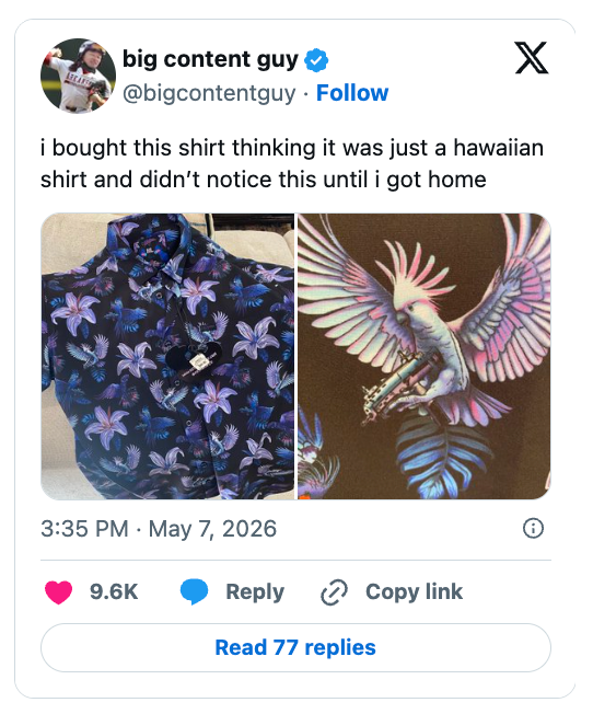 A tweet with an representation  of a shirt; up-close, it features a people     with hidden birds. The tweet humorously notes the astonishment  discovery