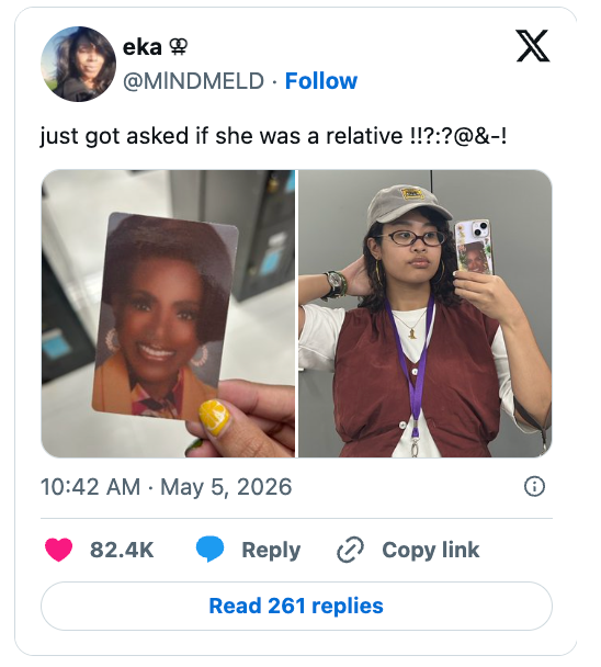  a printed ID photograph  of a pistillate   with a modern   reflector  selfie of different  woman, implying a resemblance