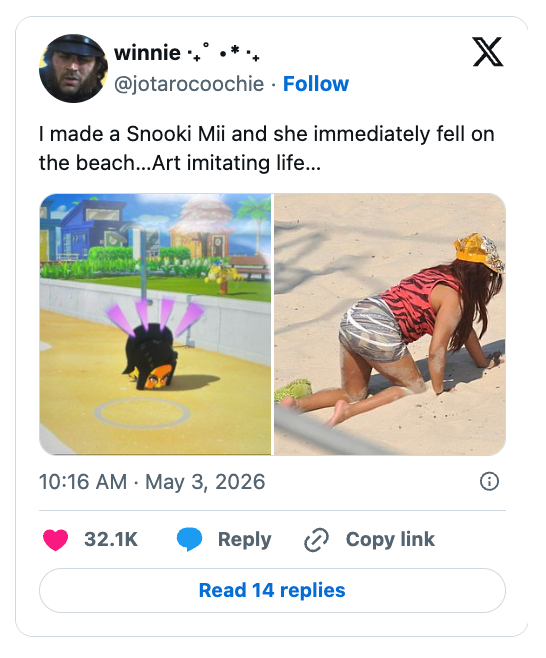 "I made a Snooki Mii and she instantly  fell connected  the beach...Art imitating life..."