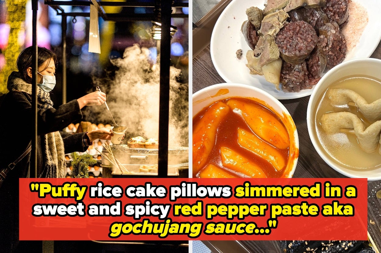 Person serving street food next to steaming cart; dishes include spicy rice cakes and fish cakes. Text describes rice cakes with gochujang sauce