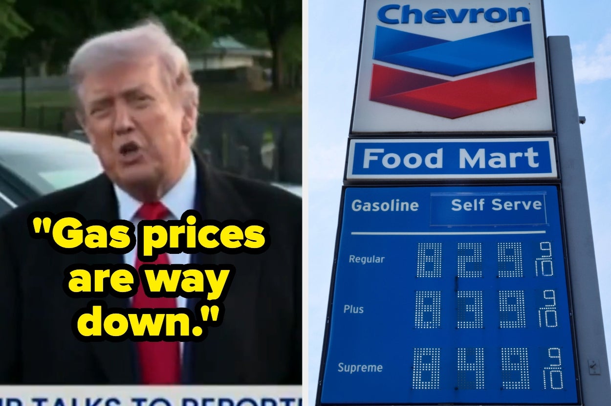 Man speaks about low gas prices; adjacent photo contradicts with high gas station prices displayed