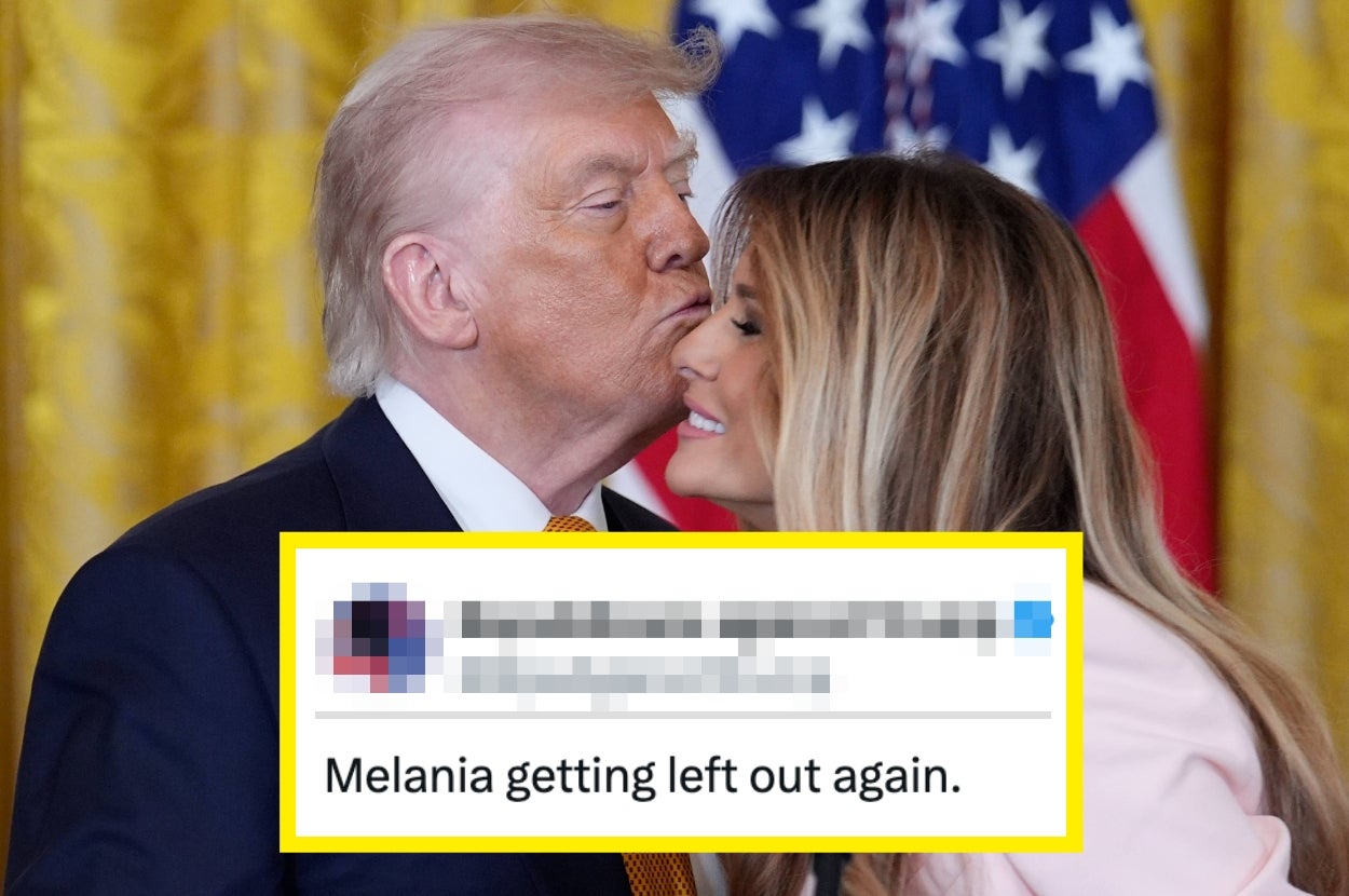A person is kissing another on the cheek, with an American flag in the background. A tweet reads, "Melania getting left out again."