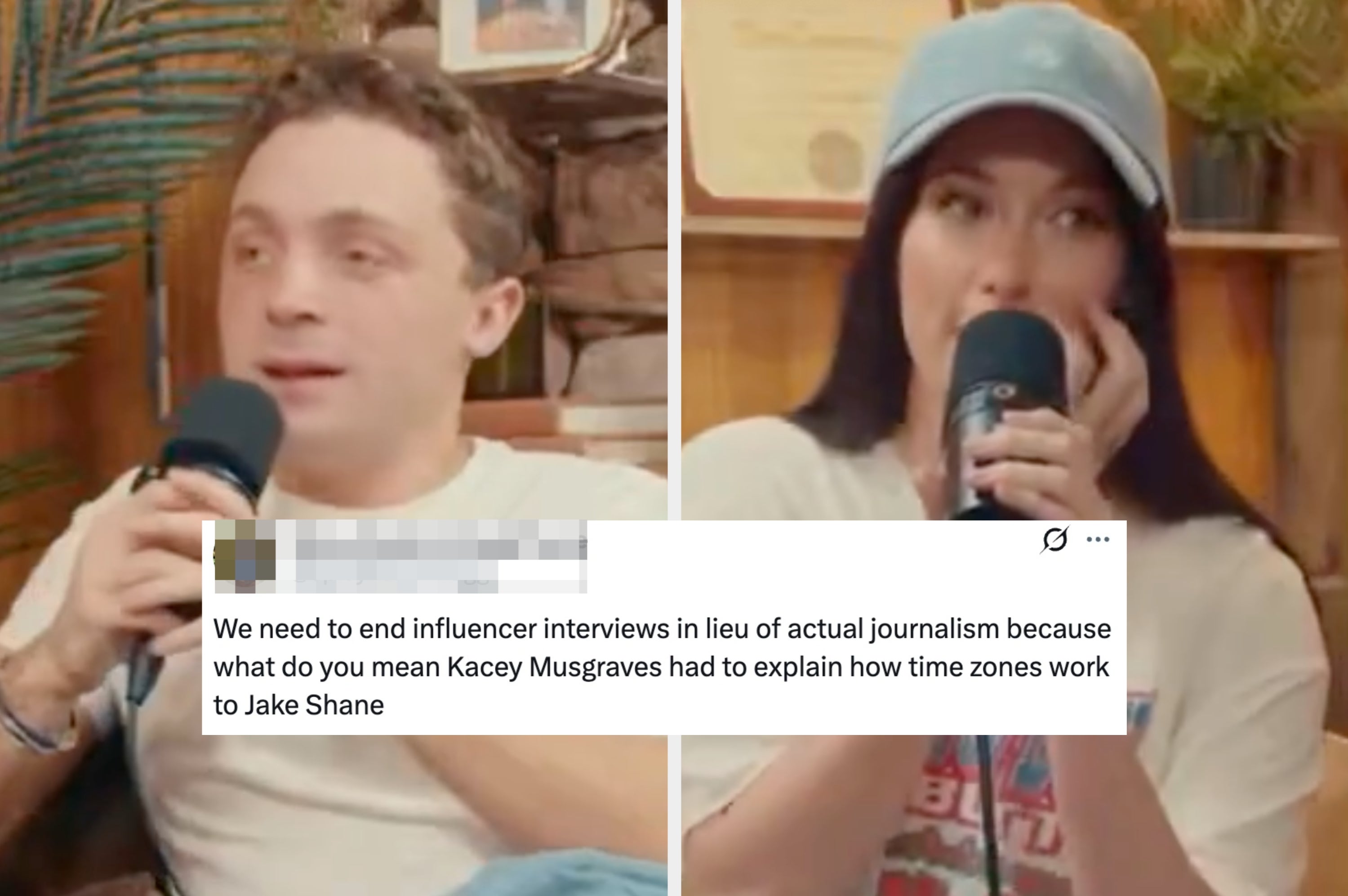 Two people talking into microphones in a casual setting, with text reading, "Literally just means what it means."