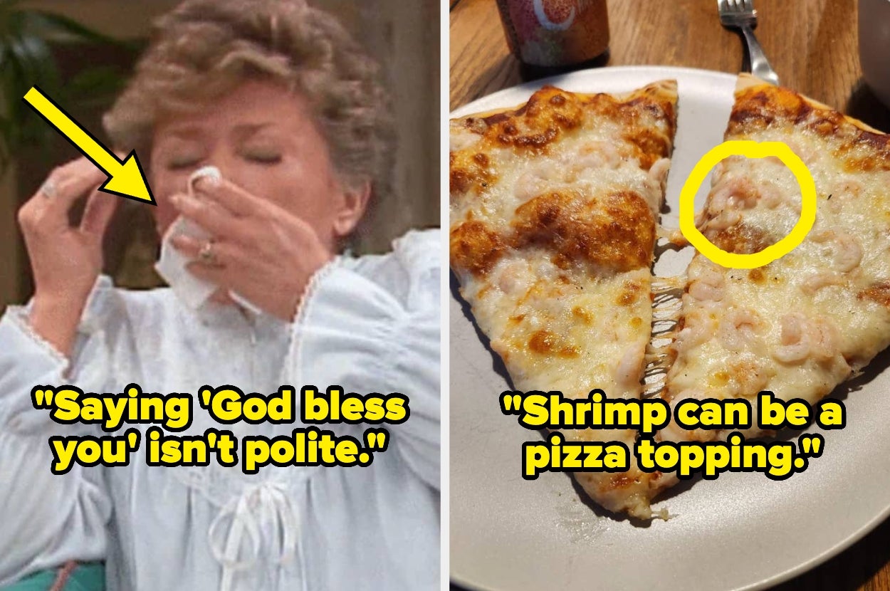 Left: Person sneezing, text says "Saying 'God bless you' isn't polite." Right: Two pizza slices, one with shrimp, text says "Shrimp can be a pizza topping."