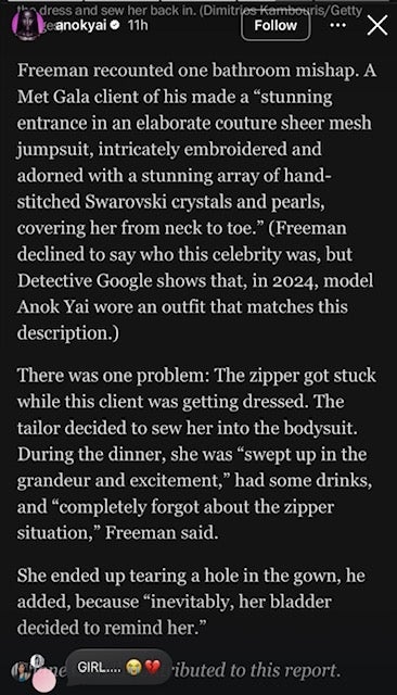 Freeman recounted a Met Gala bath mishap involving a formal with Swarovski crystals. The zipper got stuck, starring to an unexpected problem