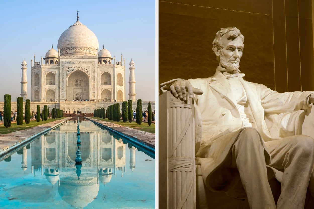 Left: The Taj Mahal with its reflecting pool. Right: The Lincoln Memorial statue seated, located in Washington D.C