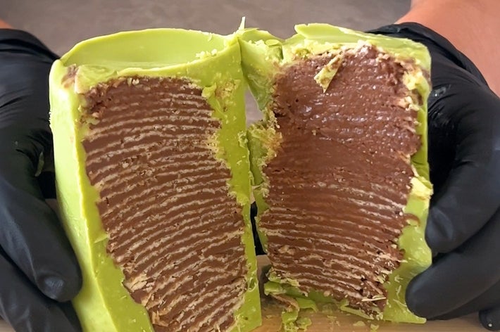 チョコレートケーキの断面を披露する手袋をした手。層が美しく重なっている。