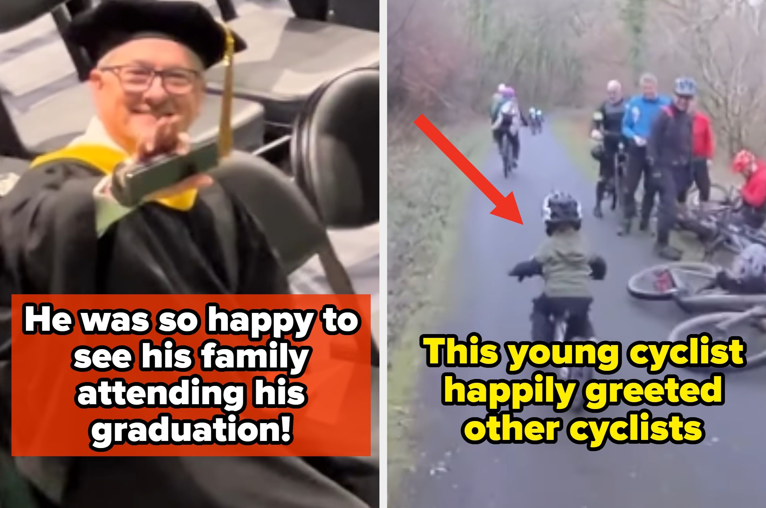 Two images: Left, a grandparent in graduation attire with an overlay saying age doesn't matter. Right, a young cyclist greeting other cyclists on a path