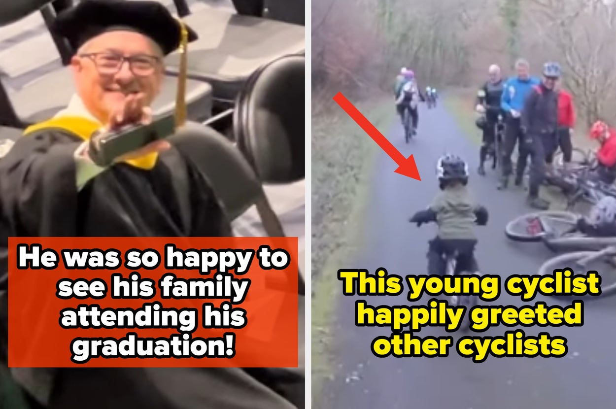 Two images: Left, a grandparent in graduation attire with an overlay saying age doesn't matter. Right, a young cyclist greeting other cyclists on a path