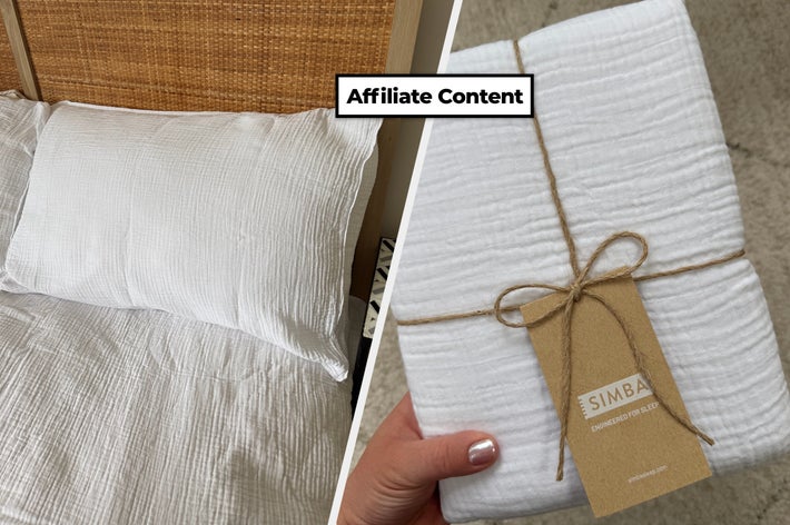 White textured bedding set displayed on a bed and in packaging, tagged with "Simba."
