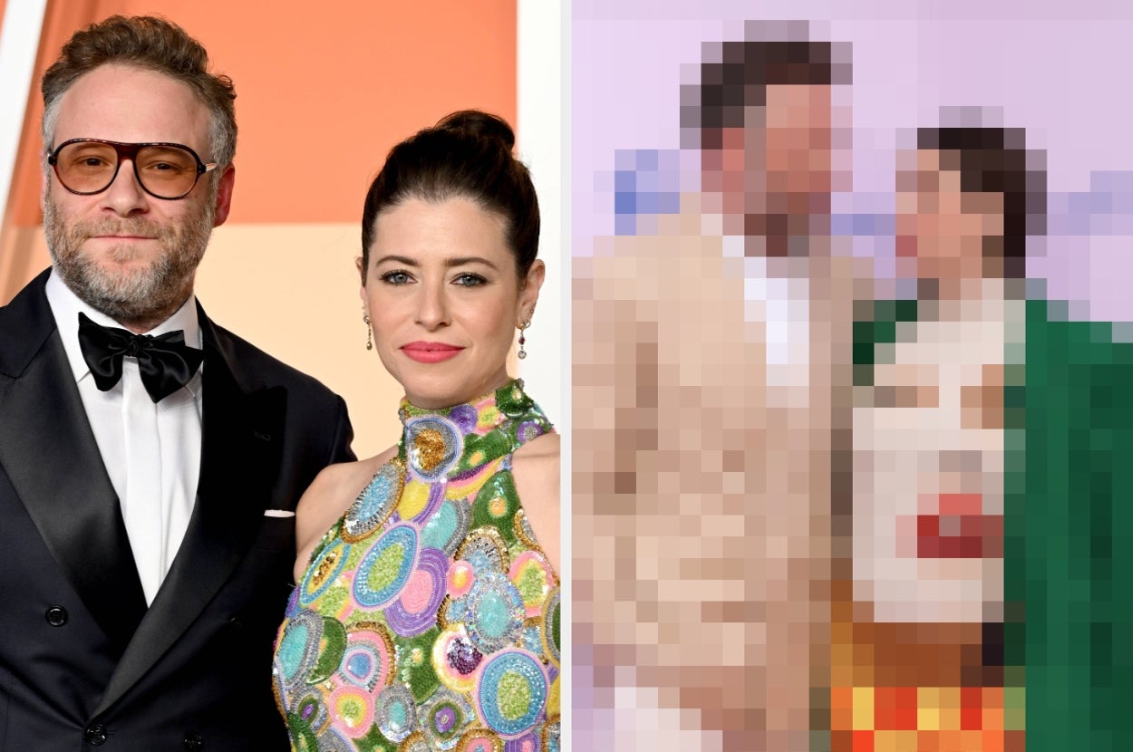 Seth Rogen and Lauren Miller Rogen on a red carpet