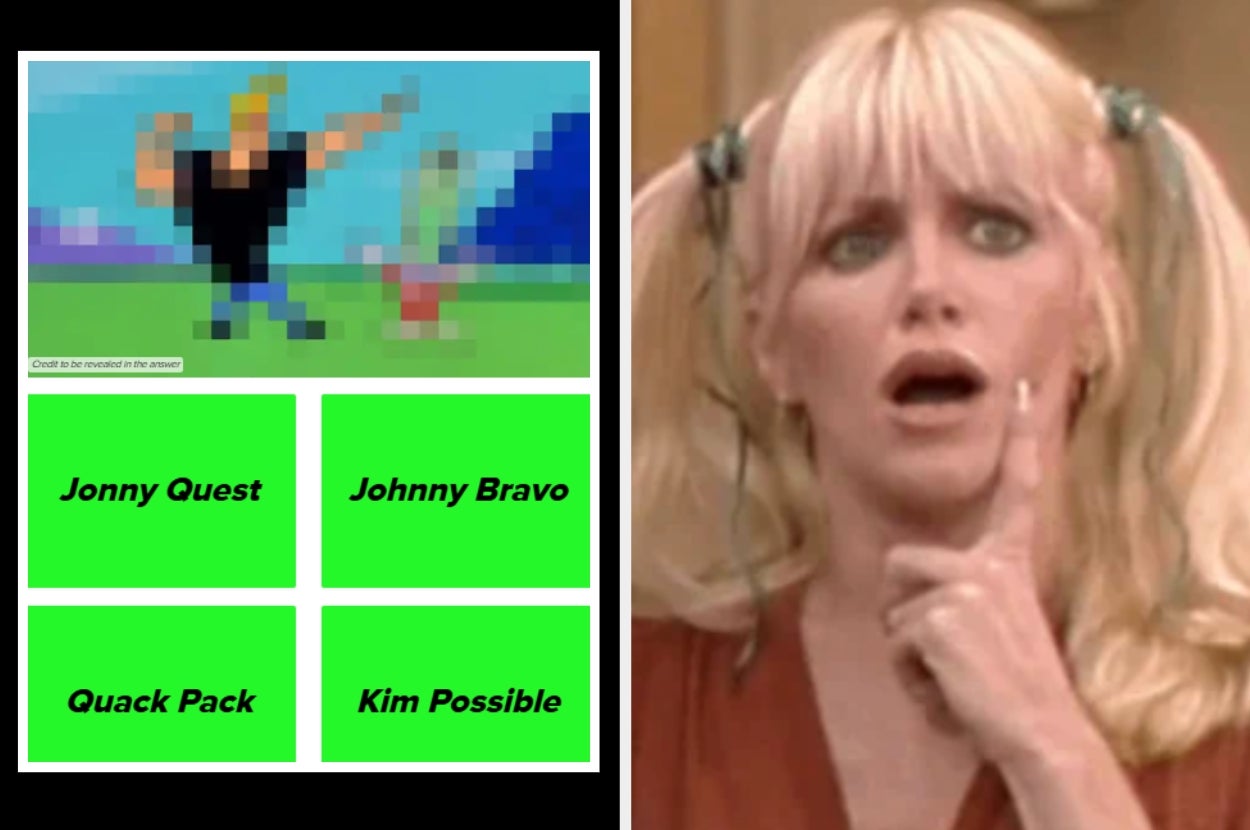 Quiz with blurred cartoon image and options: Jonny Quest, Johnny Bravo, Quack Pack, Kim Possible. Woman with pigtails looks puzzled