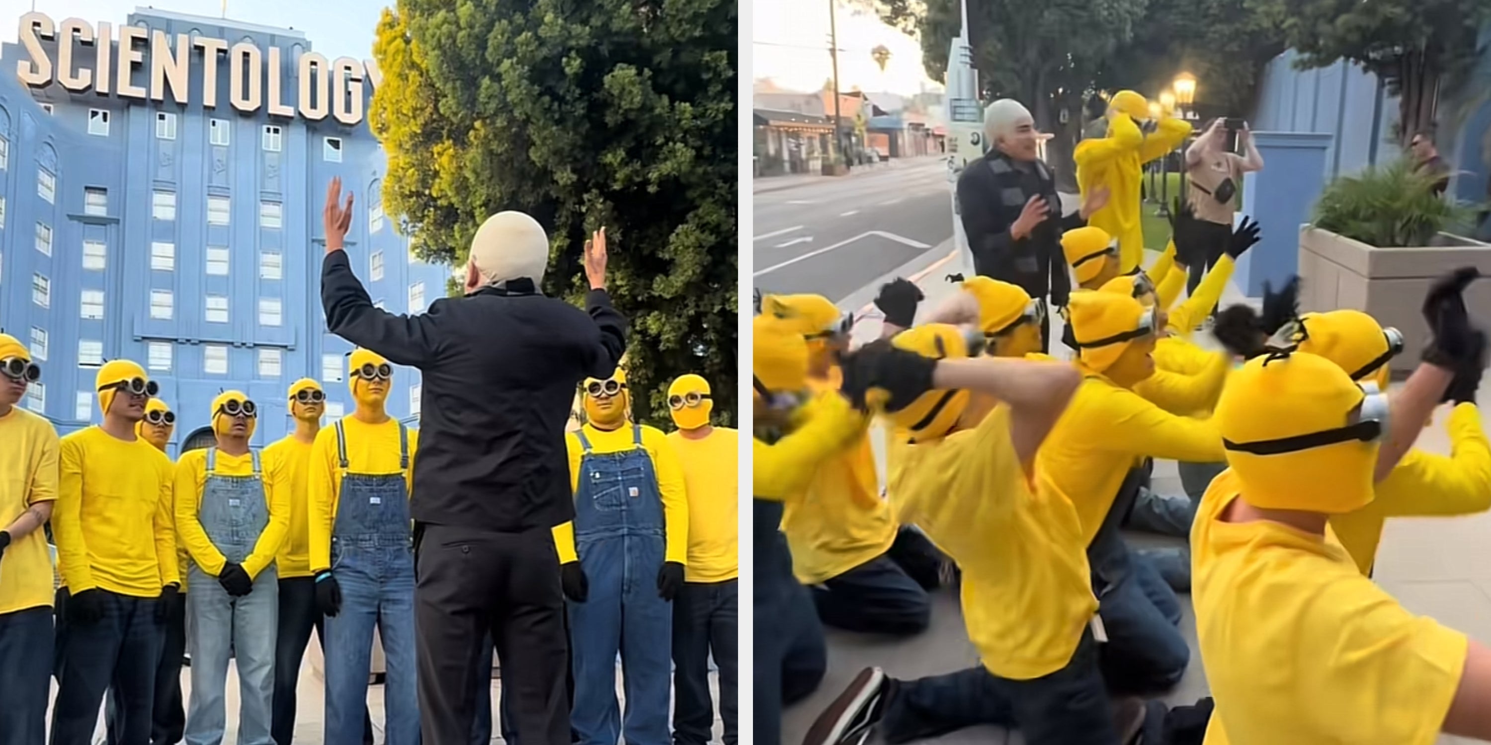 "Gru" gestikulerer til en gruppe på rundt 10 "Minions" foran en Scientology-bygning ved siden av et bilde av gruppen som kneler