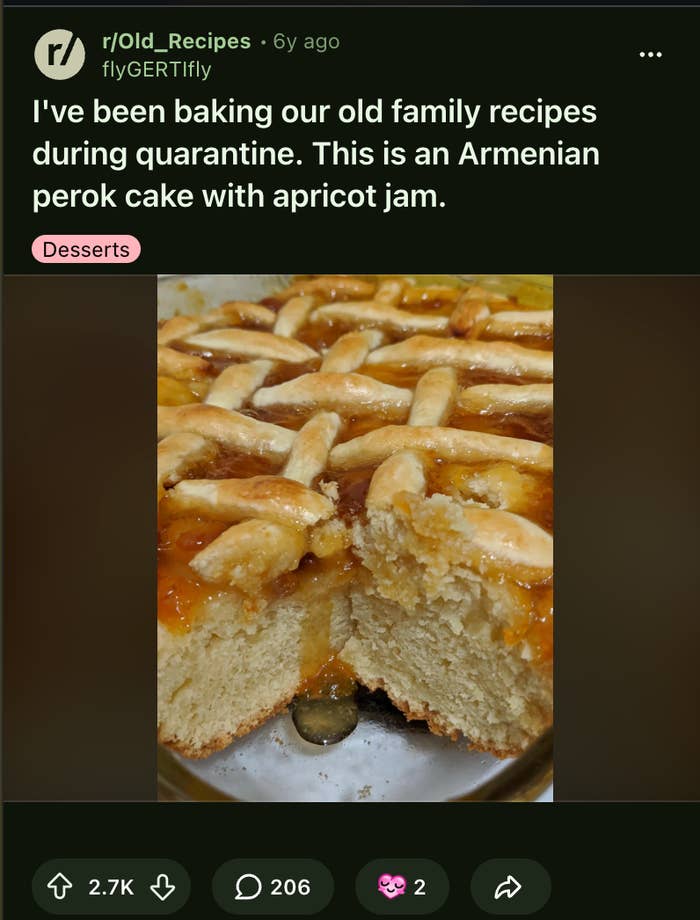 Armenian perok cake with apricot jam and lattice crust, baked during quarantine, highlighted on a recipe-sharing platform