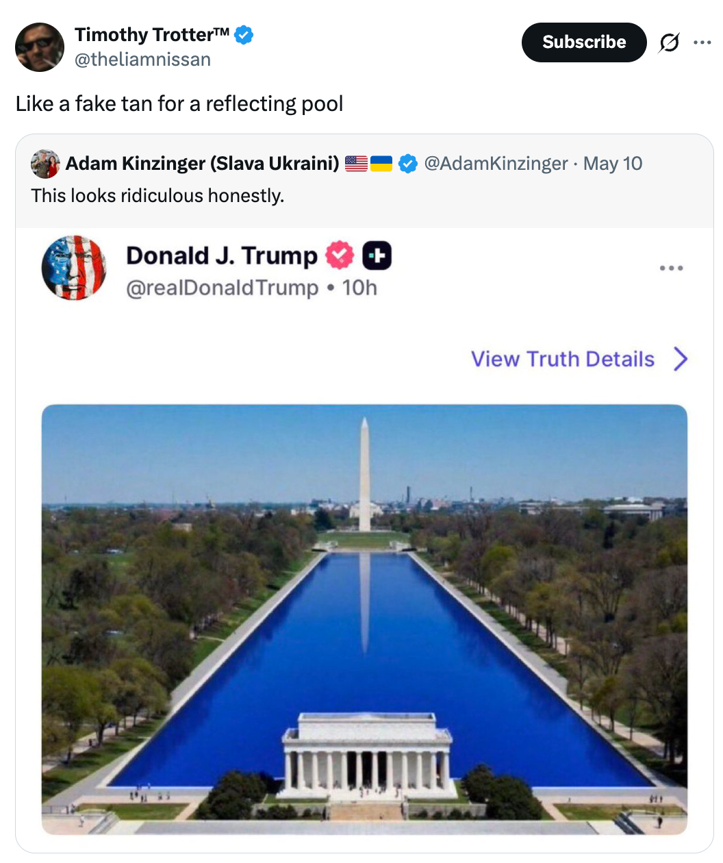 Tweet with an representation of the Lincoln Memorial Reflecting Pool edited to look similar a red, white, and bluish flag, with captions mocking it