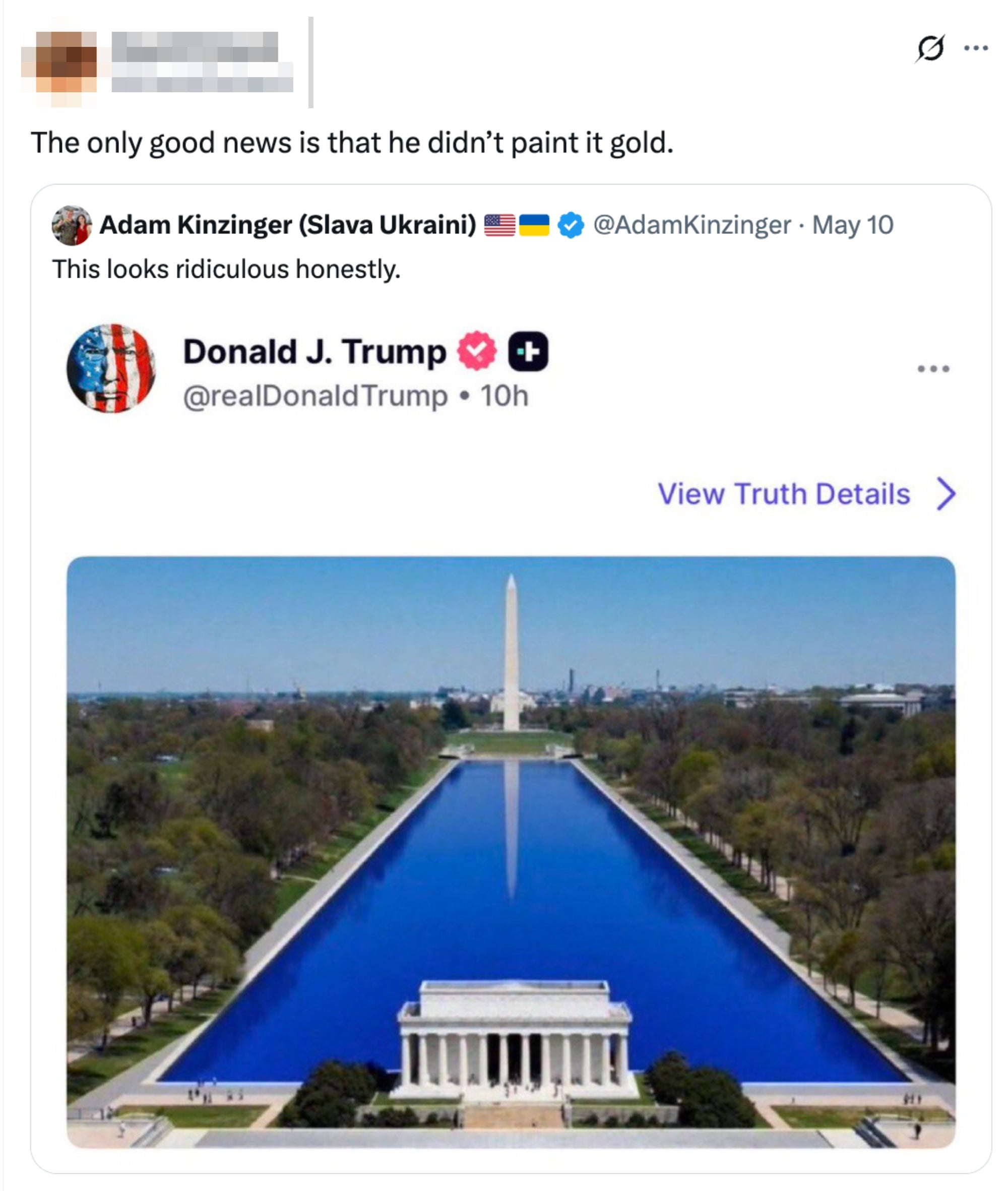 Tweet humorously suggests alleviation that a bluish reflecting excavation wasn't painted gold, referencing a station by Donald J. Trump with the representation of the pool