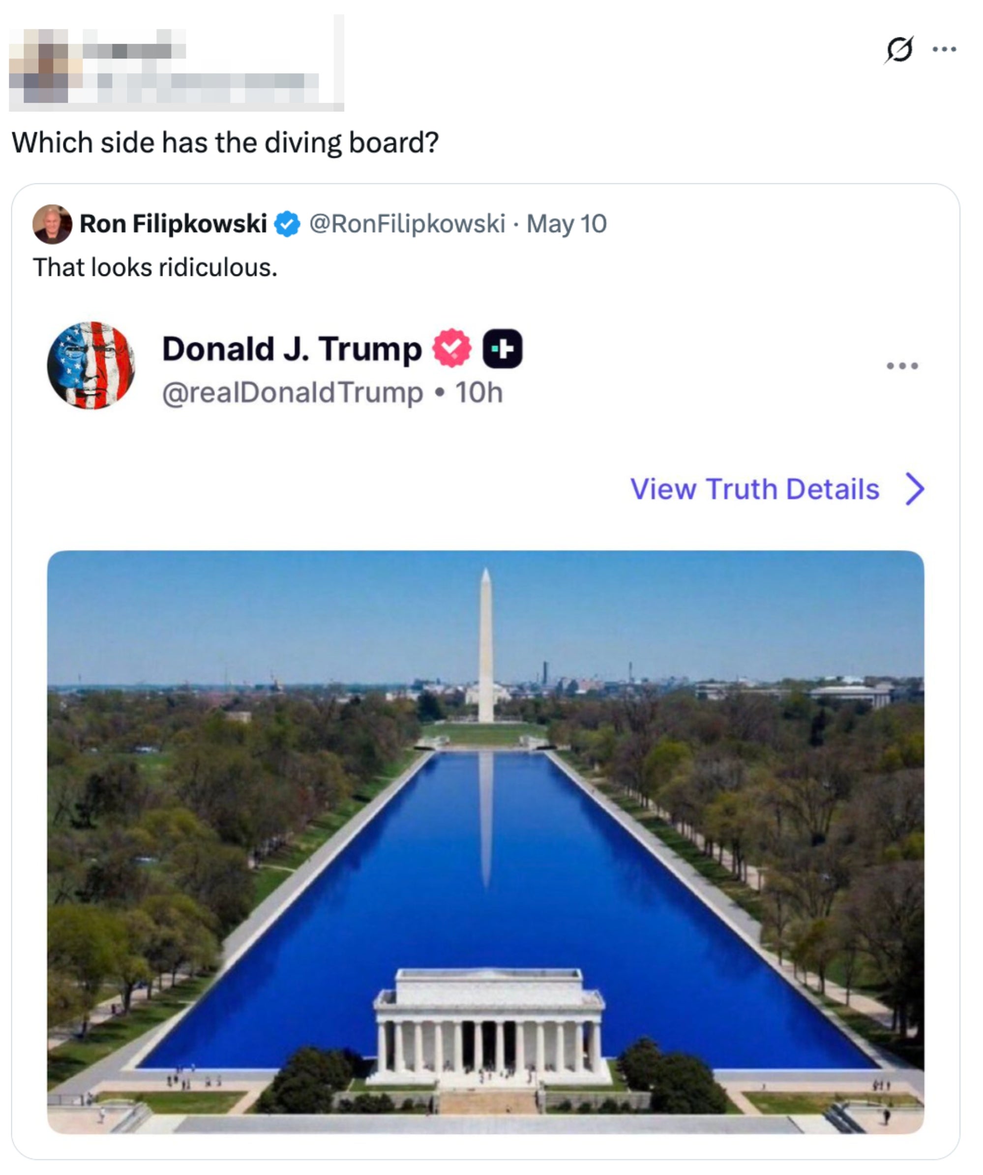 Tweet showing a idiosyncratic questioning which broadside of the reflecting excavation has a diving board, with an inset tweet calling an representation "ridiculous" by Donald J. Trump