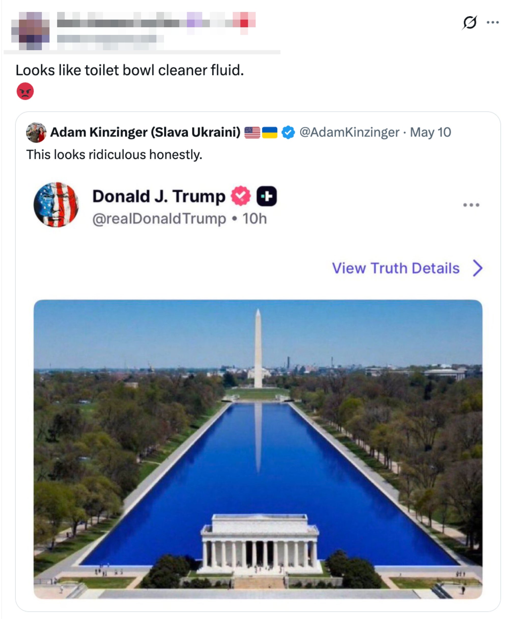 Tweet showing a excavation with a reflection of the Washington Monument. Commenters are discussing the quality of the water