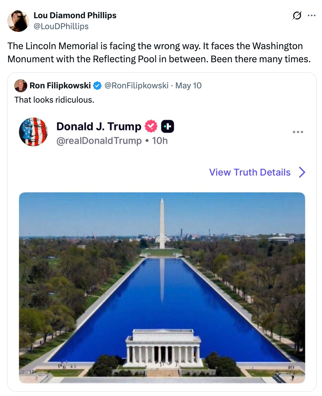 Tweet showing a societal media station astir the Lincoln Memorial facing the incorrect way, with an representation of the Washington Monument and Reflecting Pool