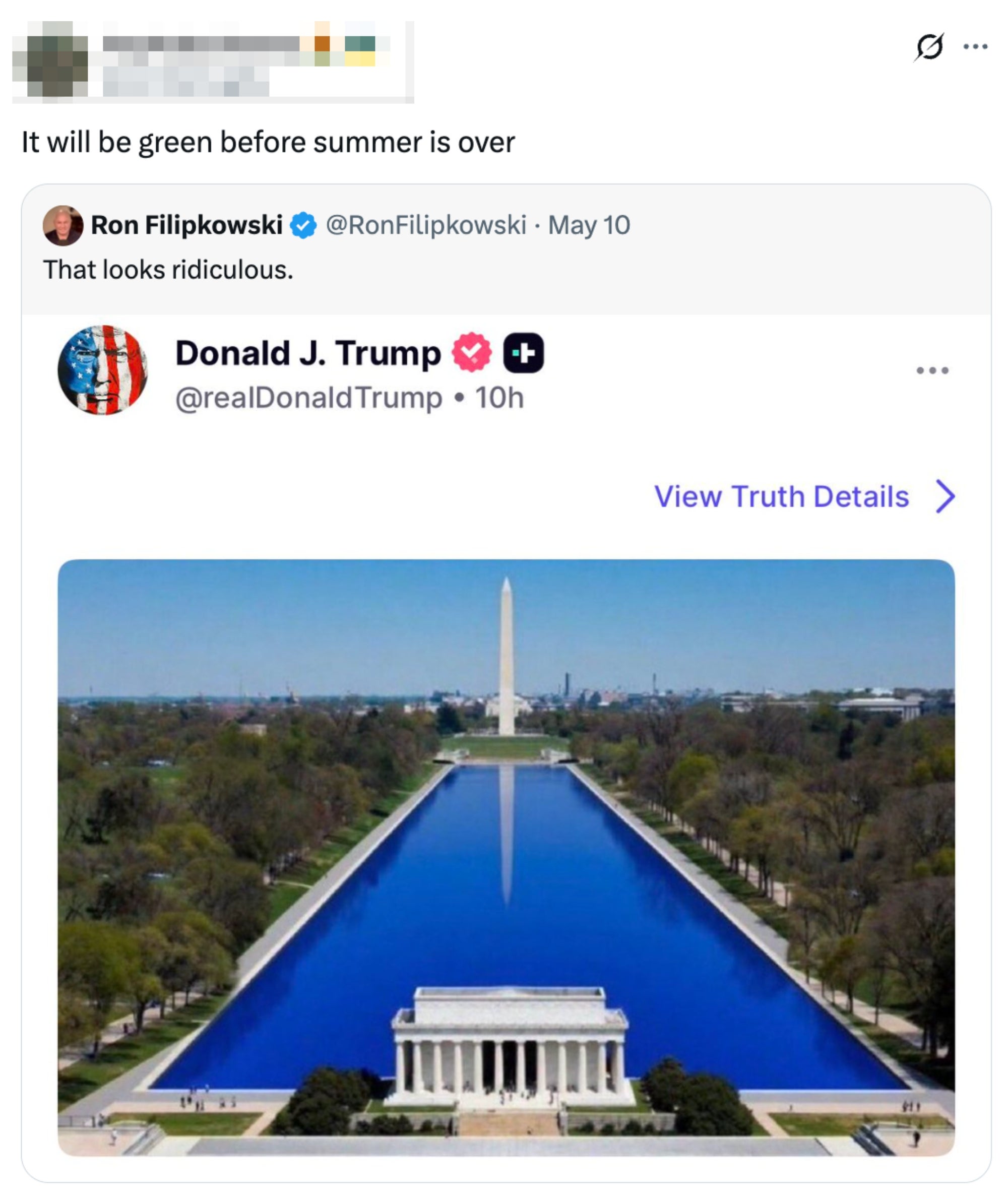 Tweet featuring a station by Donald Trump showing the National Mall's Reflection Pool; idiosyncratic comments it looks ridiculous