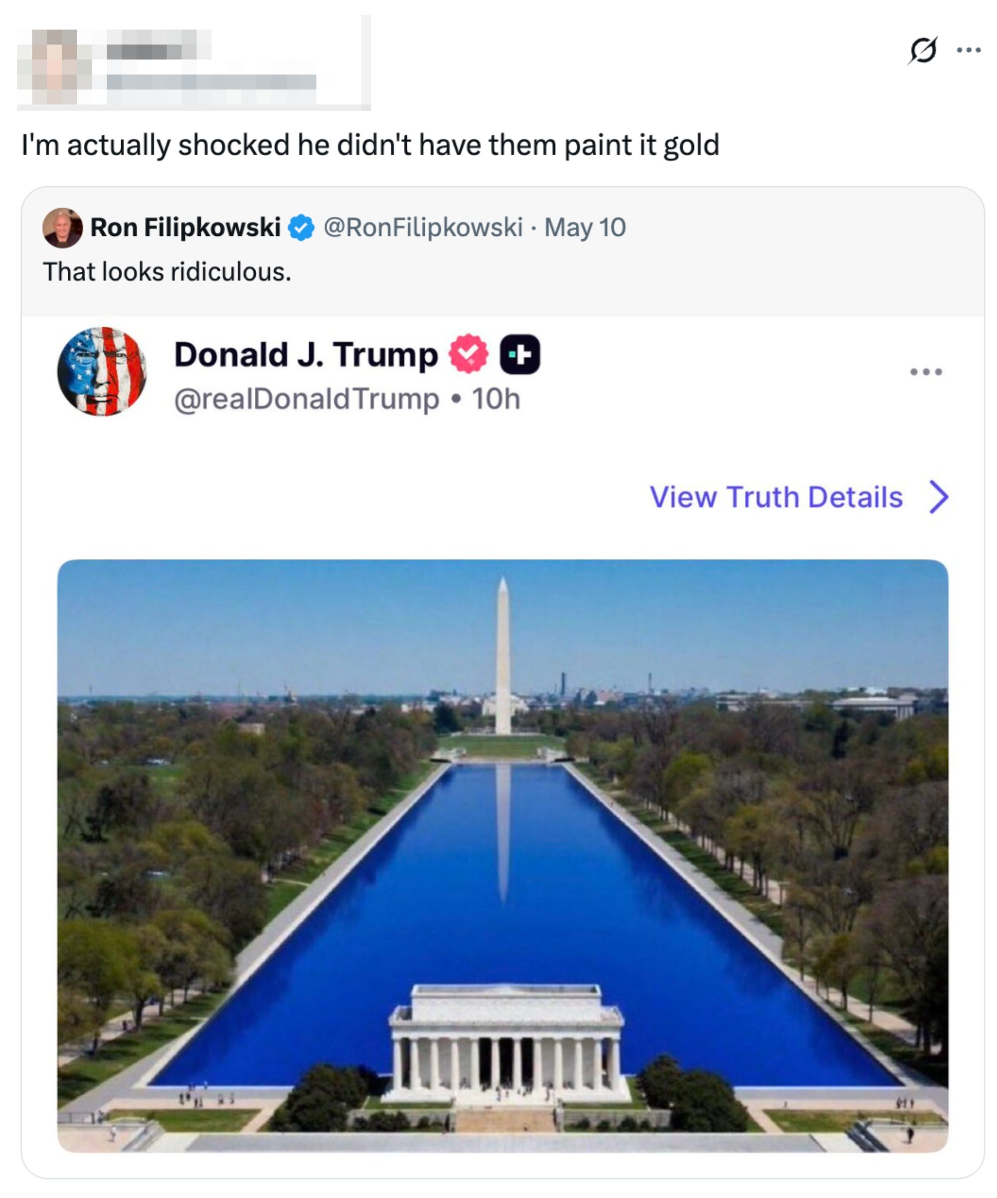Tweet with an edited representation of the Washington Monument, suggesting it has been painted gold