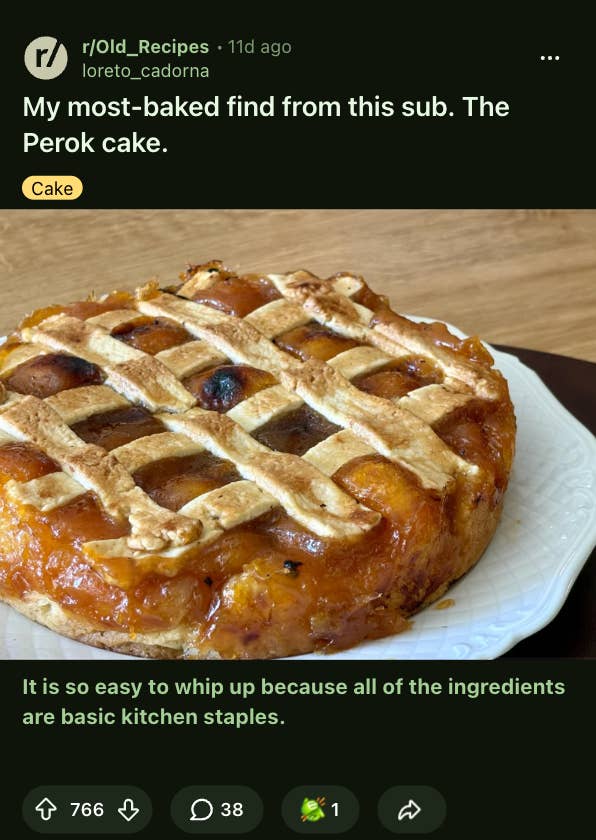 Perok cake cooling on a plate with lattice crust, described as easy to make with staple ingredients