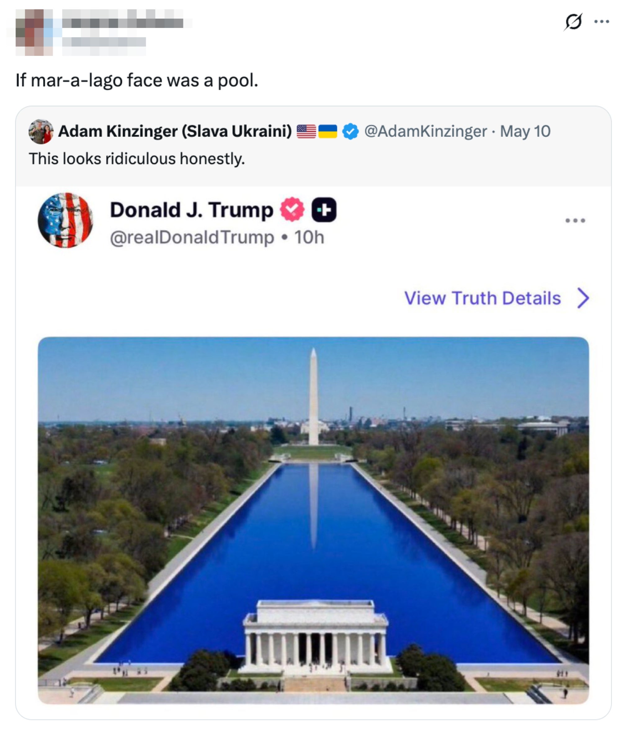Tweet featuring a excavation with the Washington Monument's reflection, resembling a face. Includes comments referencing Mar-a-Lago and governmental humor